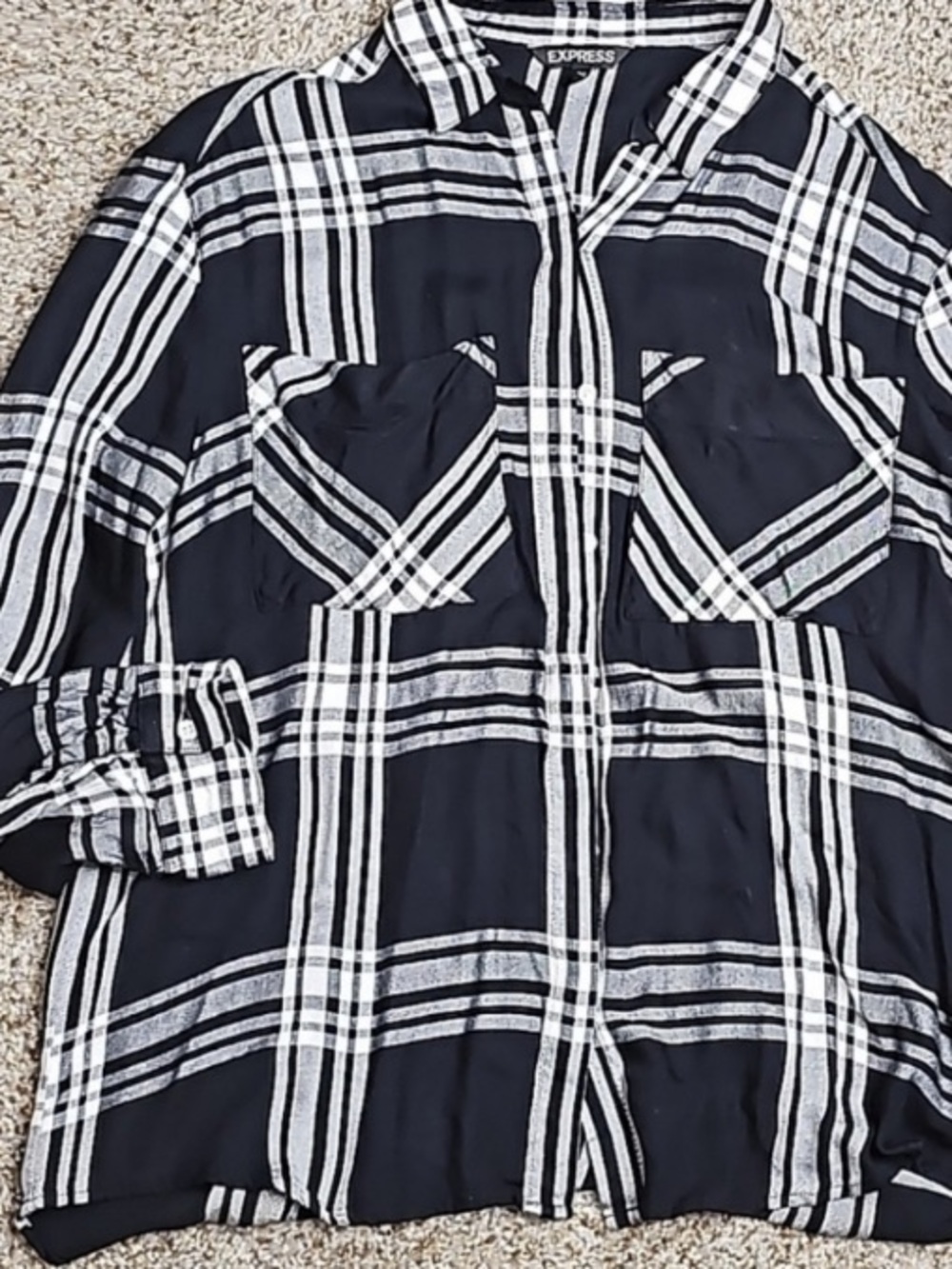 Express Women's Black & White Plaid Long Sleeve Shirt